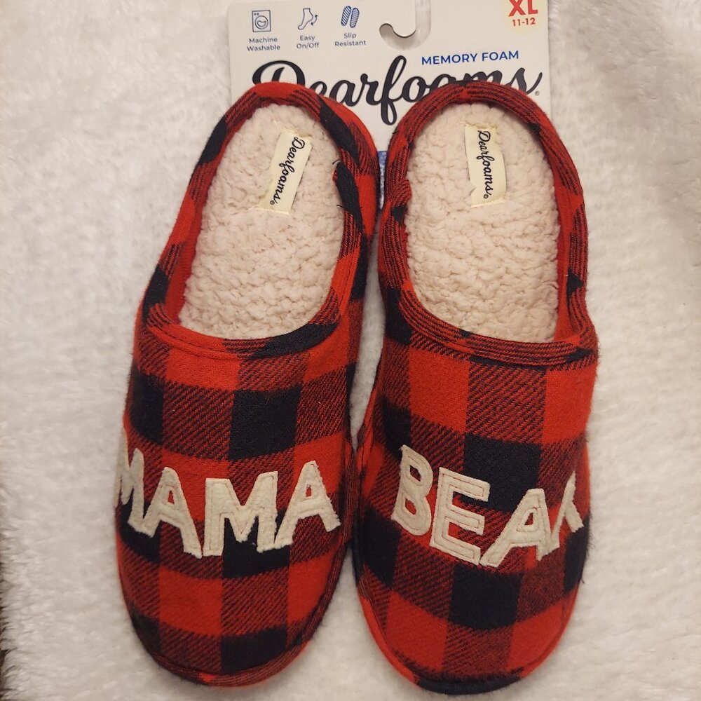 NWT Dearfoams “Mama Bear” Red Buffalo Plaid Slippers Size XL